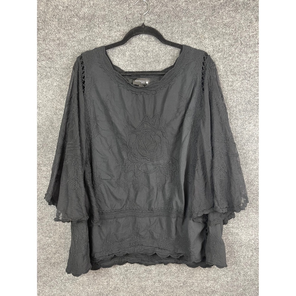 Antthony Original Blouse Womens 2X Black Excellent Embroidered‎ Bell Sleeve Top